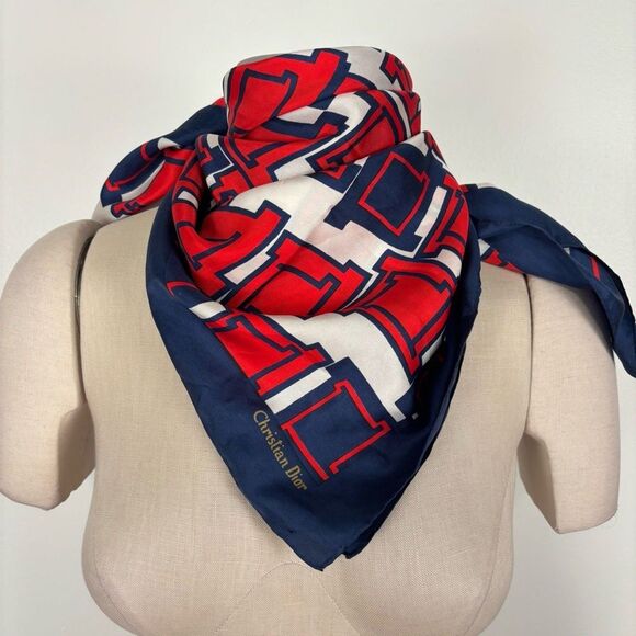 VTG Christian Dior Red White & Blue Silk Scarf Made in Italy - Picture 9 of 10